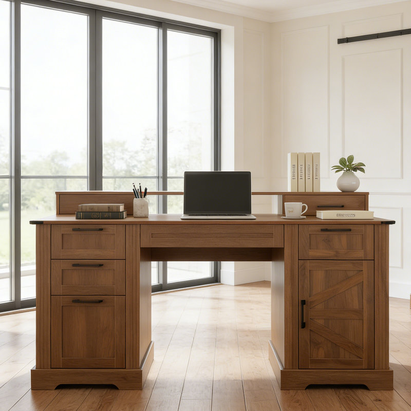 59.5” Wide Farmhouse Desk With Double Desktop - Synthetic Laminate Writing Desk With Barn Door Storage, Brown