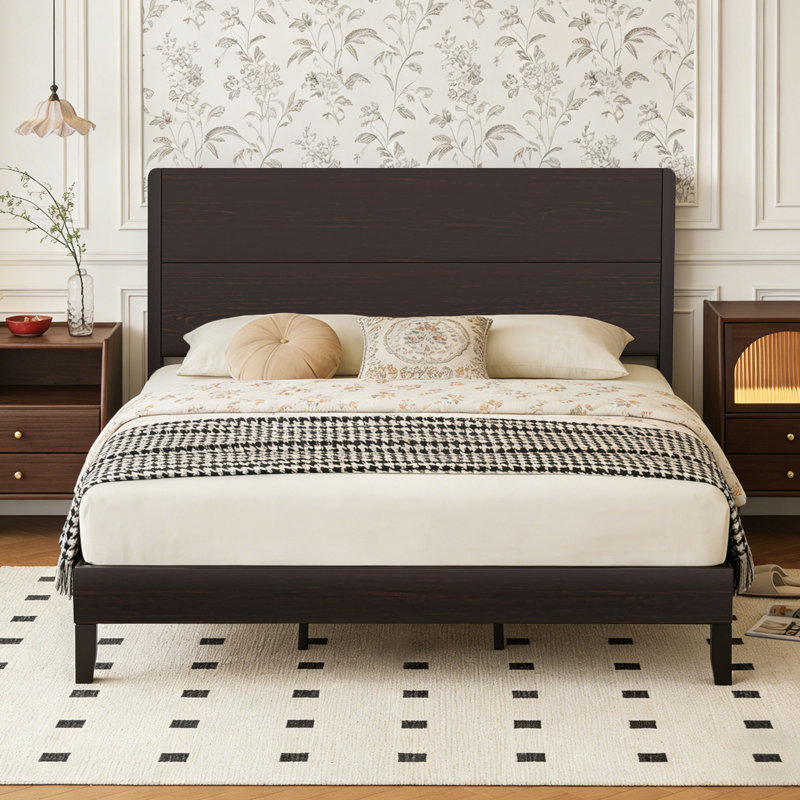 Solid Wood Bed Frame With 36.5" Headboard, Mid Century Modern Platform Bed With Silent Wood Slat System, No Box Spring Needed, Under-Bed Storage, Brown