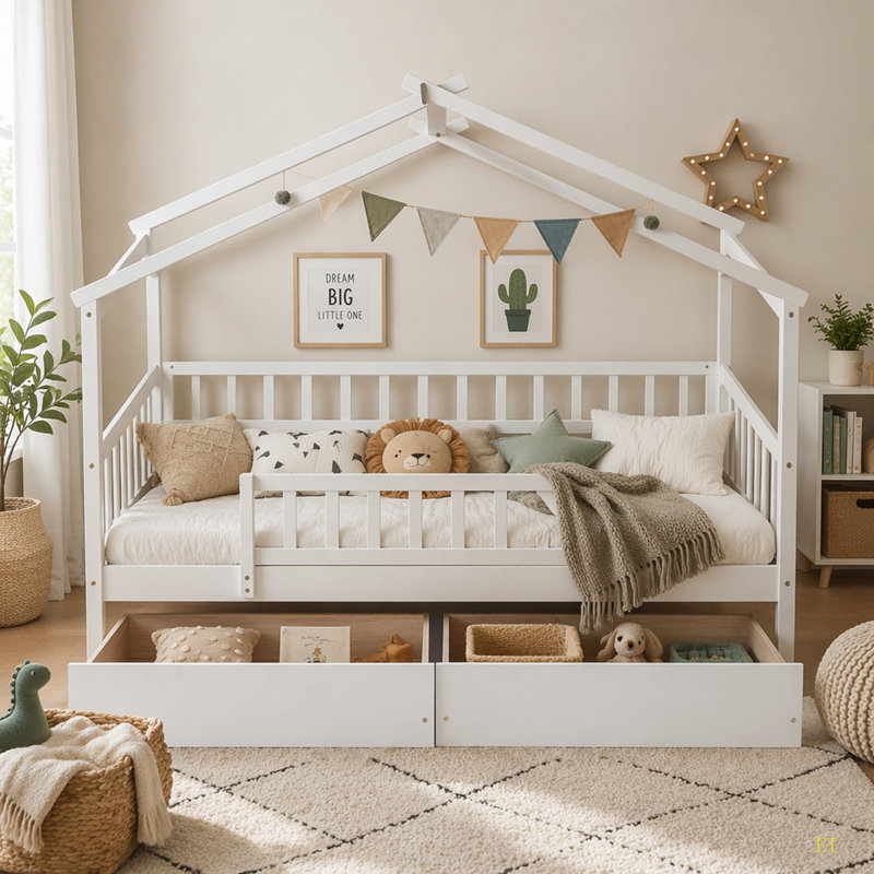 Lit simple en bois avec deux tiroirs, Blanc
