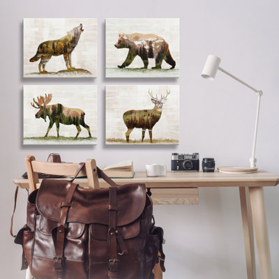 Woodland Animals Rustic Pattern 4 PC Canvas Wall Art Set by Amber Sterling