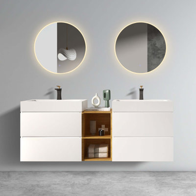 Meuble-lavabo mural moderne avec lavabos doubles et tablette ouverte
