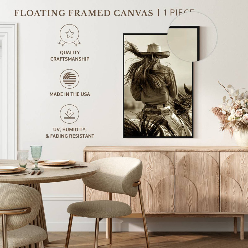 Sépia Cowgirl, Cadre flottant noir, 27 po x 40 po