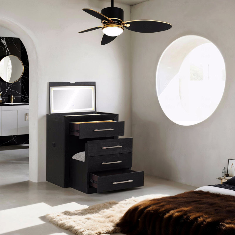 Bedside Makeup Vanity  W/ Stool Black Storage Drawers Nickle Pulls Handles Vanity Led Contemporary Style