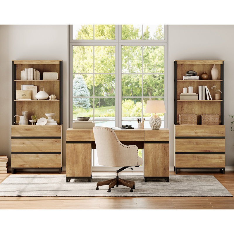 Home Office Furniture Set: 59" Executive Desk With Charging Station & Storage Cabinet + 72" Tall Bookcase With 6 Drawers, Modern Computer Desk & Library Shelf, Wood, Work Study, Oak