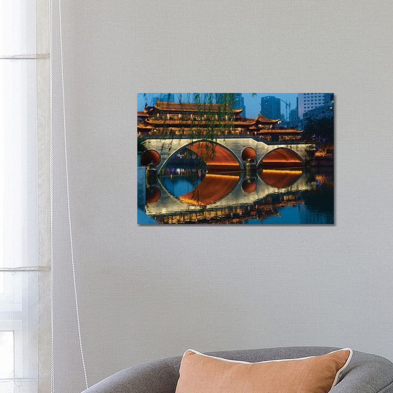 Night View Of Anshun Bridge With Reflection In Jin River, Chengdu, Sichuan Province, China by Keren Su - Wrapped Canvas Gallery-Wrapped Canvas Giclée