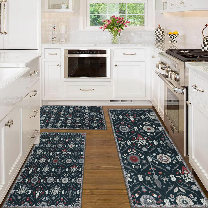 Sets of 3 Moroccan Trellis Kitchen Rug Non Slip Washable Kitchen Mats, Black