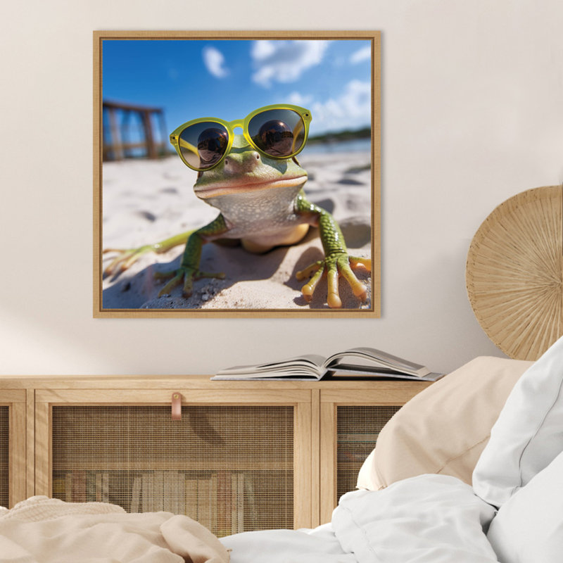 Funny Animal Beach Cool Frog Green Glasses Selfie by The Creative Bunch Studio Framed Canvas Wall Art Print, Brown