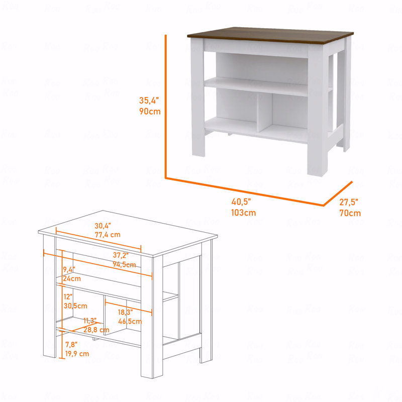 Îlot de cuisine, quatre pieds, trois tablettes