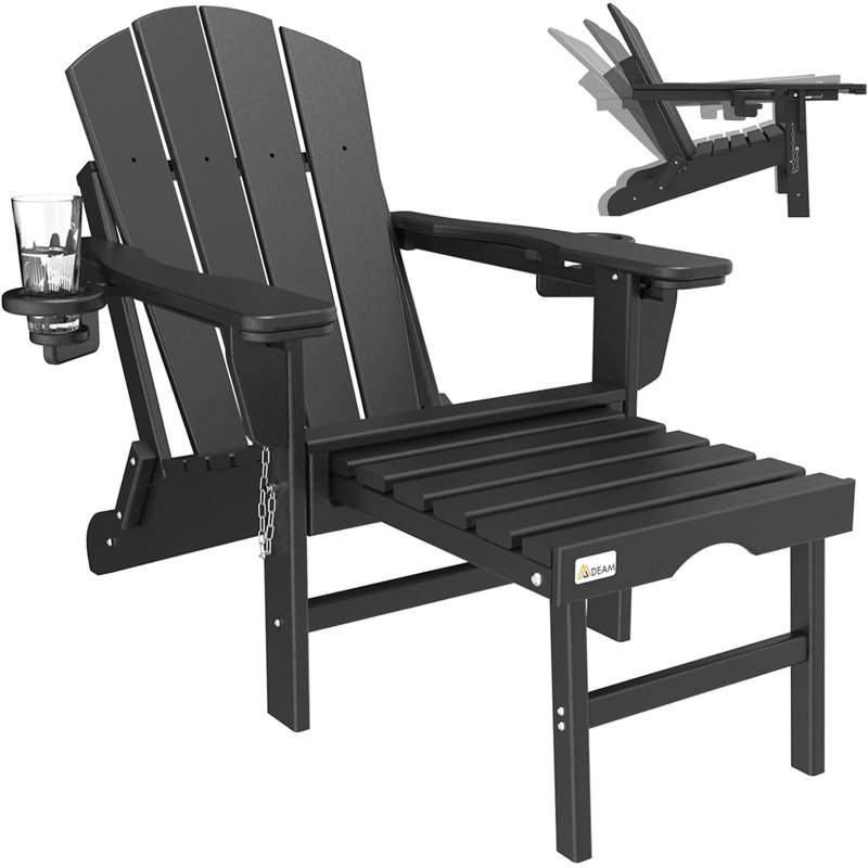 3-Level Adjustable Adirondack Chair with Retractable Ottoman – HDPE All-Weather Folding Chair with 2 Cup Holders – Perfect for Deck, Patio, Garden, or Backyard, Black