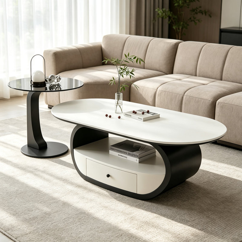 Table basse luxueuse et légère avec tiroir et tablette ouverte, H 16,53 po x l 51,18 po x P 27,55 po, Blanc/Noir