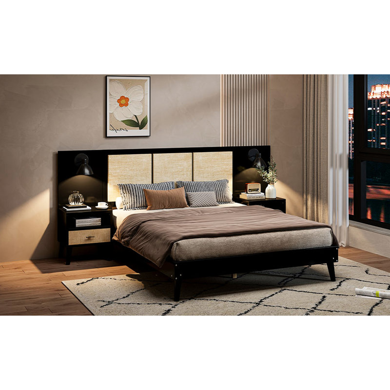 Cadre de lit grand lit en bois massif, noir, avec 2 tables de chevet élégantes et lampes, mélange pour un cadre de chambre à coucher noir luxueux. Bois