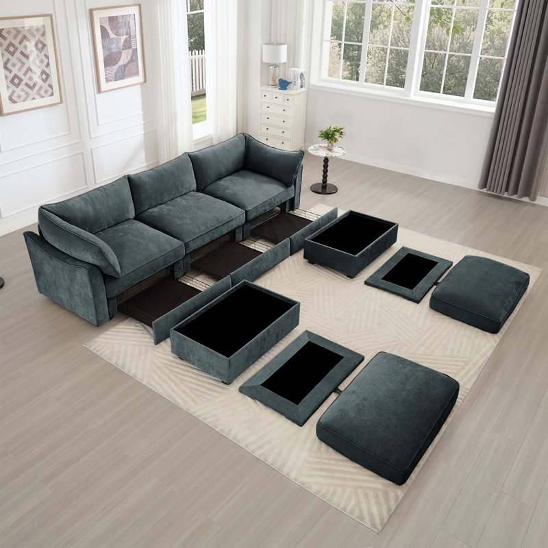 Canapé 3 places en U avec repose-pieds avec repose-pieds, canapé 3 places avec 2 repose-pieds mobiles, canapé modulaire surdimensionné avec tiroir de rangement sous chaque siège, Chenille Gary