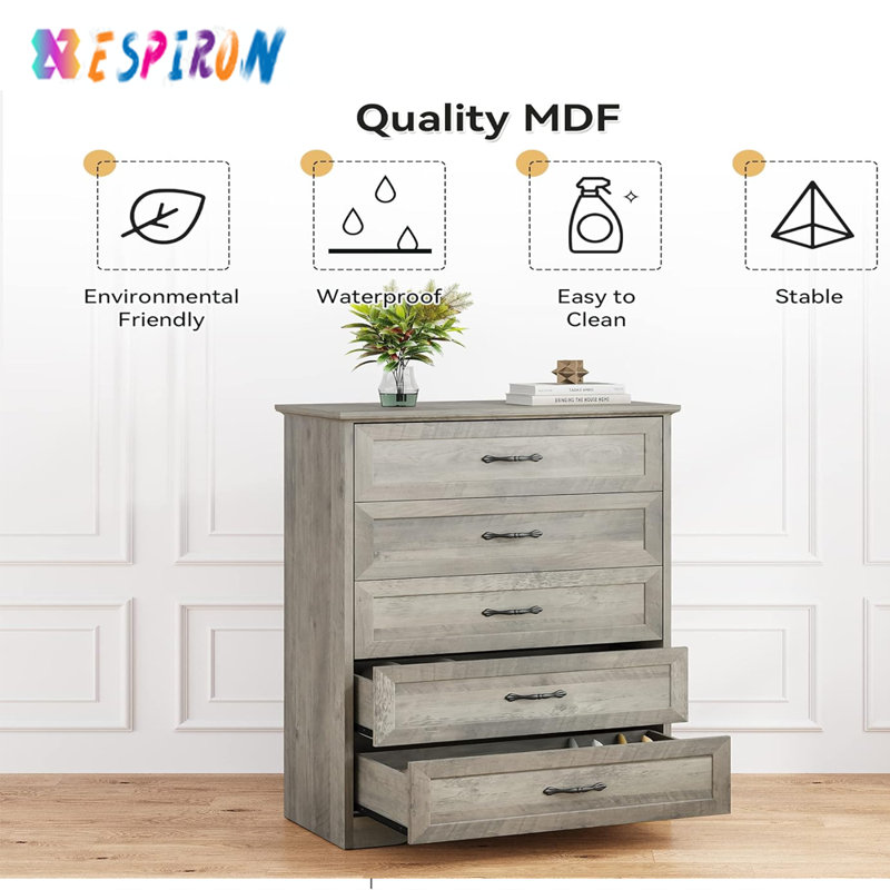 Commode en bois pour chambre à coucher avec 5 tiroirs, commode à tiroirs
