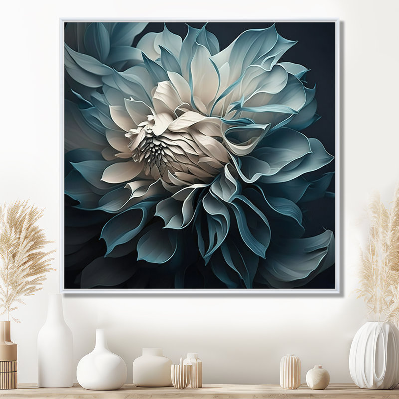 Fleurs de dahlia bleues et blanches I - Dahlia, H 24 po x l 24 po, Reproduction avec cadre flottant, Blanc