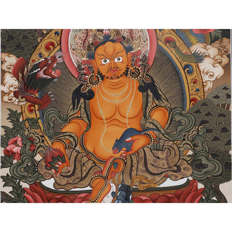 Thangka Kubera Wealth Deity Brocadeless | Art mural bouddhiste tibétain peint à la main | Décoration en or 24 carats prospère et réussie (24 po x 16,9 po)