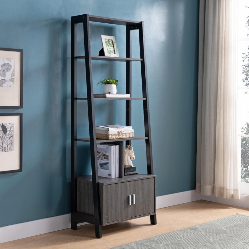 Bibliothèque moderne avec quatre tablettes ouvertes et une armoire à deux portes