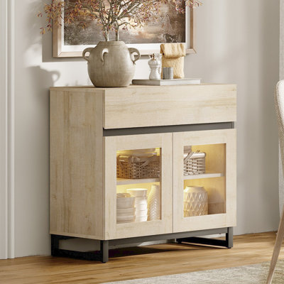 Buffet Buffet avec portes en verre et un tiroir, crédence moderne avec tablette réglable et base en métal, armoire de rangement pour café, salon, cuisine