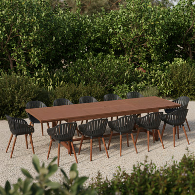 Whately 13-Piece Outdoor Rectangular Extendable Dining Table And Chairs Set | Eucalyptus Wood | Ideal For Patio, Brown Table & Black Chairs