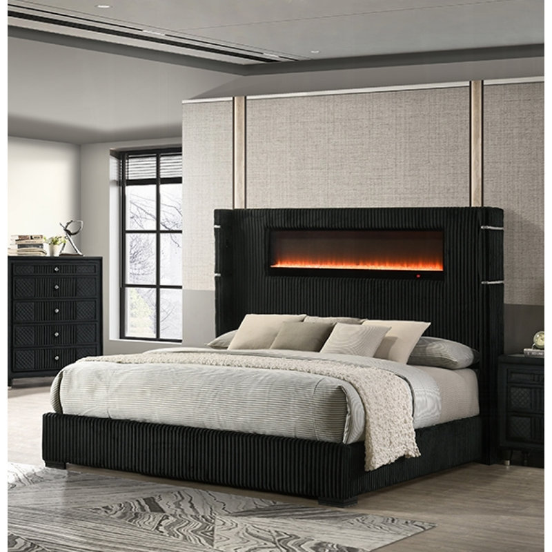 Lit Garner avec foyer, DEL, lampe de lecture, haut-parleur, Bluetooth et USB, Très grand
