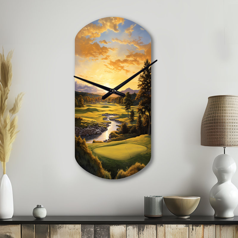 Golf Golden Hour Golf - Horloges murales asymétriques modernes en métal, impression d'horloge murale de forme unique, Grand