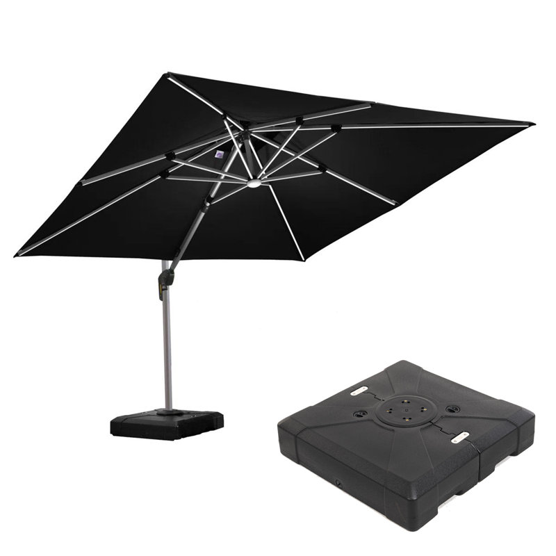 Parasol en porte-à-faux à DEL 9 pi x 12 pi à énergie solaire avec base, noir, Noir