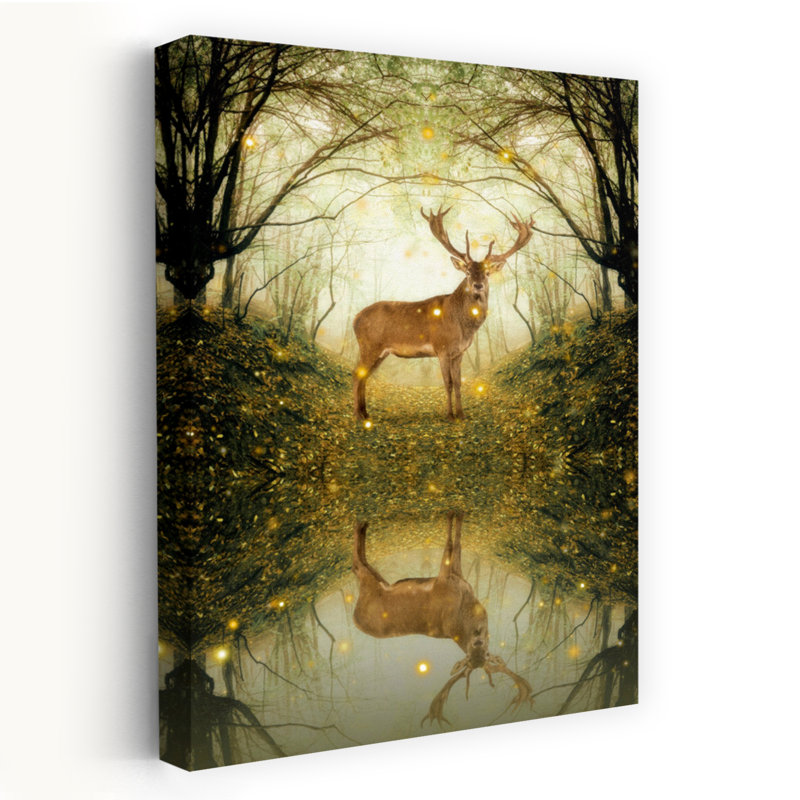 Deer In The Glen Mystical Abstract Contemporary Deer Autumn Forest Wall Art by Marja Van Den - Wrapped Canvas Print