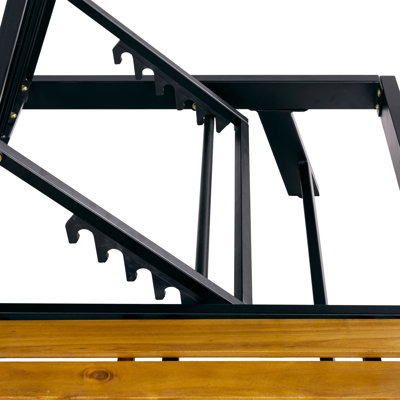 Structure de chaise longue en fer noir + finition teck, fauteuil inclinable d'extérieur en fer + bois d'acacia avec surface de rangement plate, capacité de 400 lb, dossier réglable pour la terrasse de la piscine