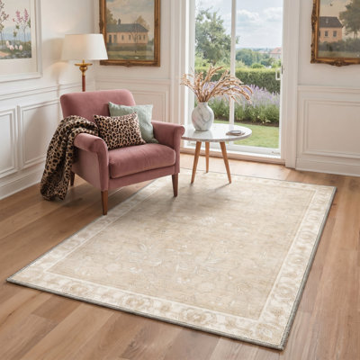 Tapis oriental beige / ivoire lavable à la machine avec envers antidérapant
