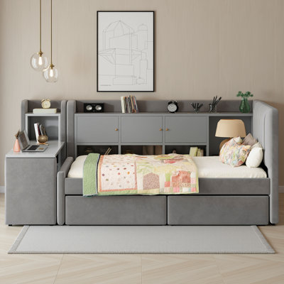 Twin Size Velvet Upholstered Daybed with Storage Drawers, Shelves, Flip Cabinets & Side Table