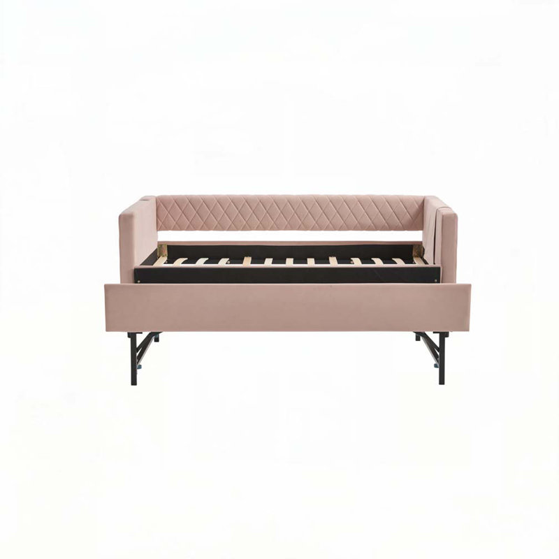 Velvet Upholstered Daybed with Trundle,USB Port ,Side Pockets, Pink