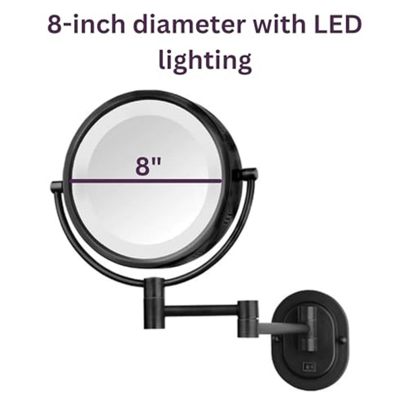 Ake 8" Lighted Wall Mount Magnified Makeup Mirror, Plug In, Black