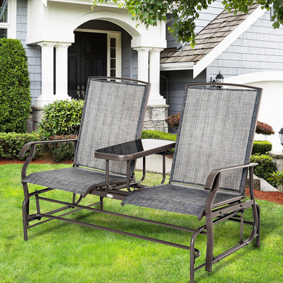 Siège coulissant en métal avec table centrale. Patio gris pour l'extérieur. Double glissement. Tissu en filet respirant. 726 lb Capacité de charge. Cour arrière, jardin, porche. Centre de banc H 32,25 po x l 58,25 po
