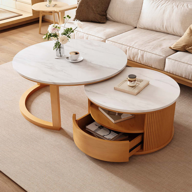 Table basse gigogne ronde, rangement à 2 niveaux et tiroir pour les espaces de vie modernes