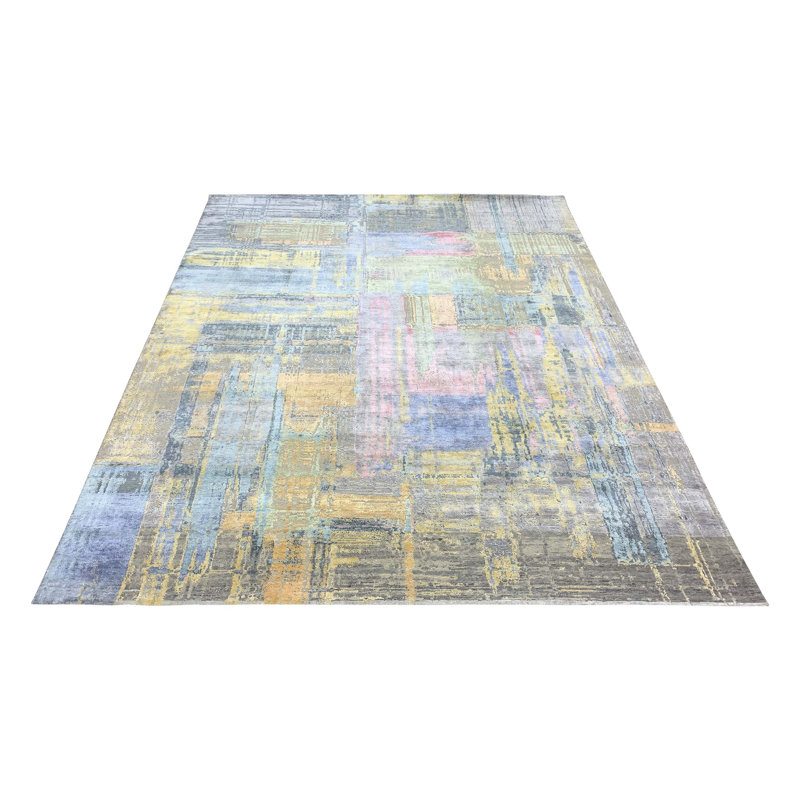 Tapis rectangulaire en soie noué à la main bleu, null, Rectangle de 5 pi x 8 pi