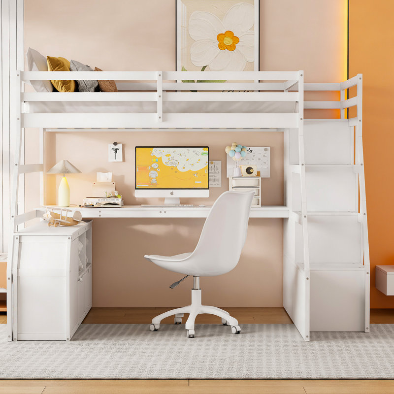 Lit mezzanine double - blanc, 7 tiroirs, 2 tablettes et bureau, trois choix de couleurs, style harmonie pour chambre à coucher,
