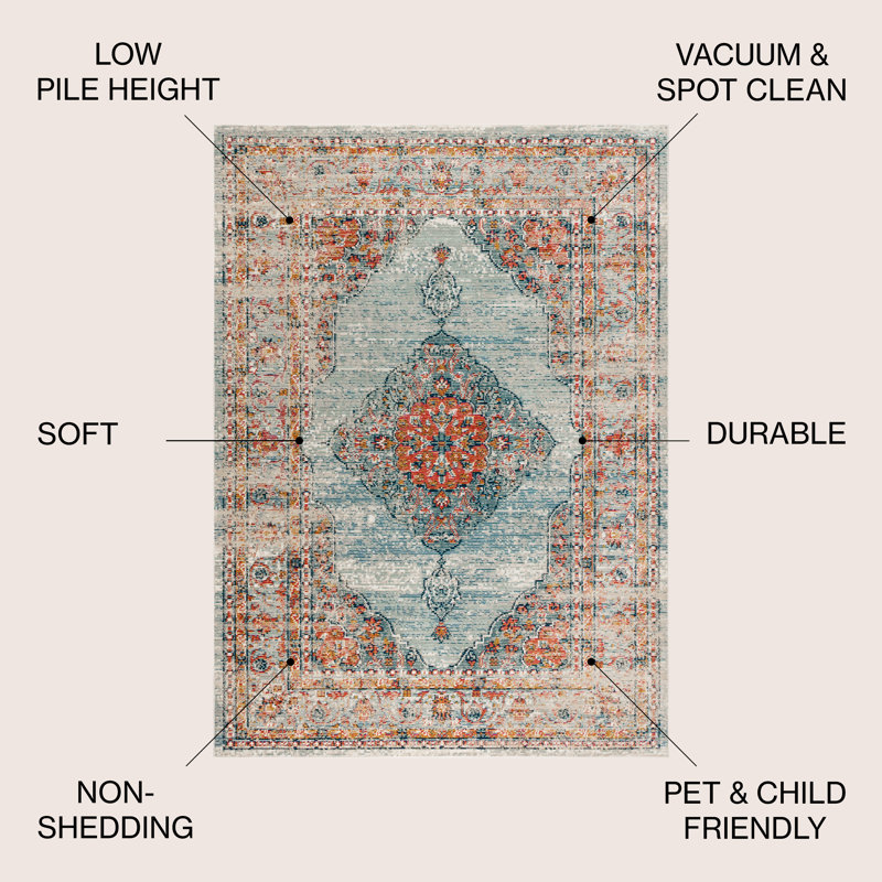 Tapis corail / turquoise à motif de médaillon rétro Stewartville, Rectangle 4 pi x 6 pi