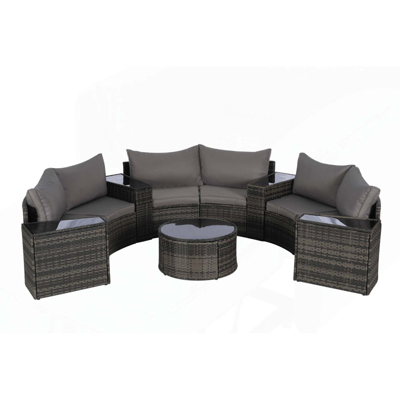 Outstanding Half-Moon Patio Furniture Set with Tempered Glass Table for Outdoor Enjoyment, Dark Gray