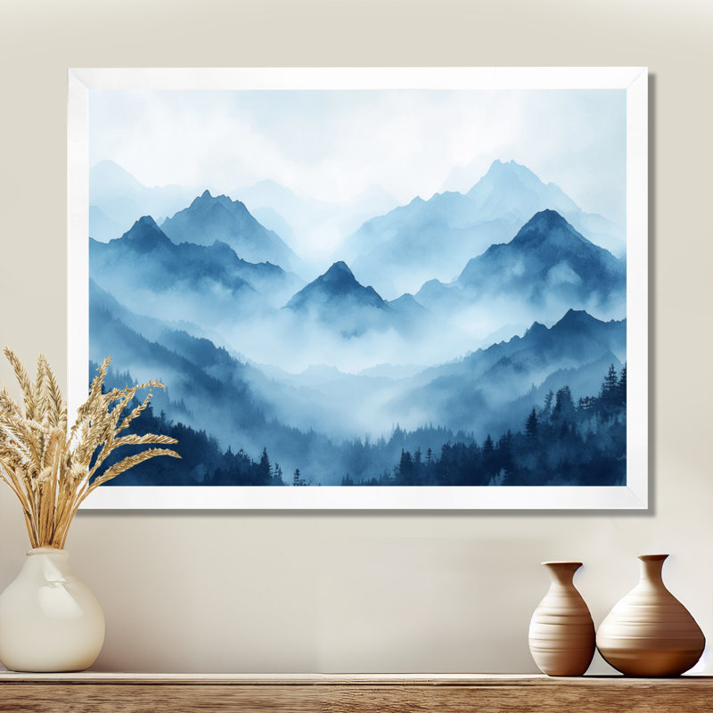 Chaîne de montagnes bleu pâle, gris et bleu brumeux - Tableau encadré de montagnes, H 12 po x l 20 po, Cadre photo blanc
