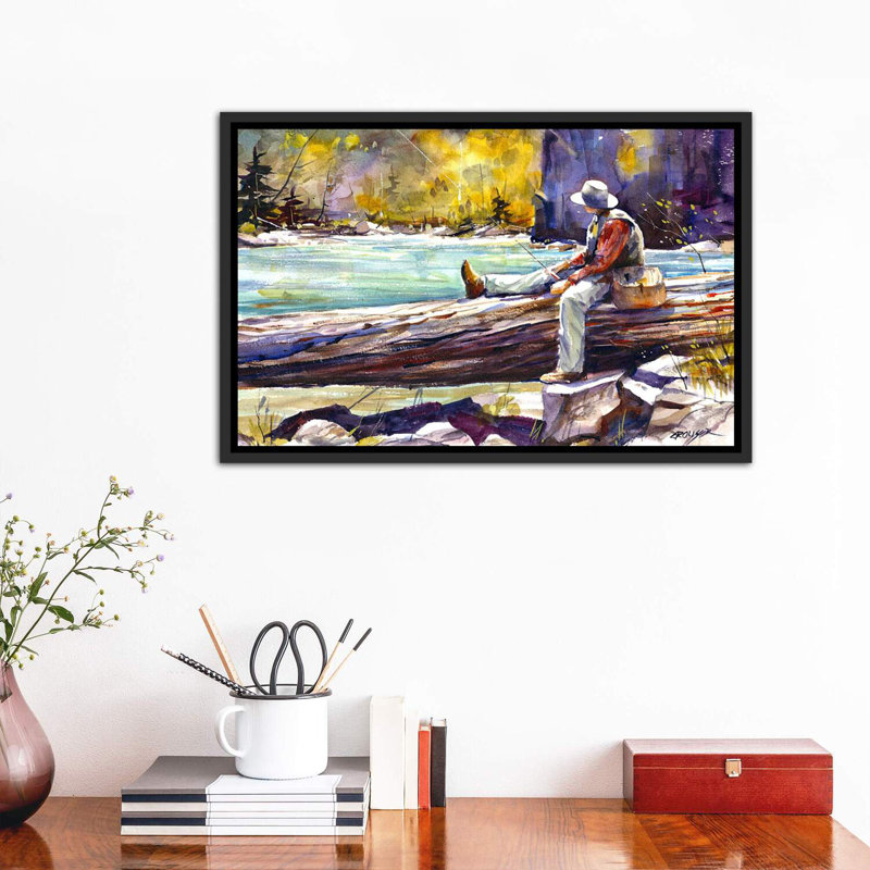 «Fishing Time», reproduction d'art encadrée, H 18 po x l 26 po x P 1,5 po, Cadre noir vieilli