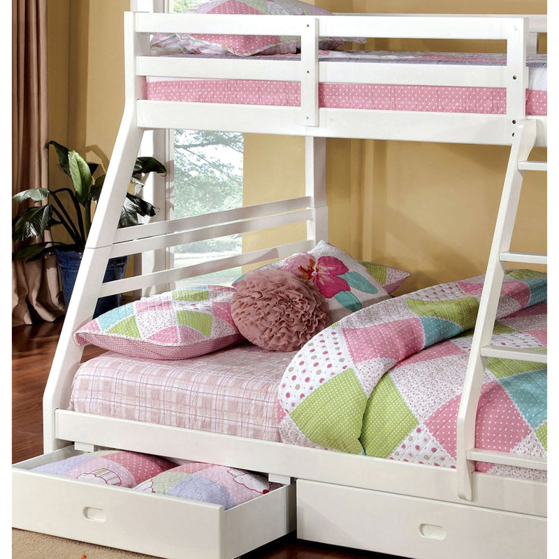 Lit superposé simple au-dessus d'un lit double de style transitionnel en blanc, deux grands tiroirs de rangement inférieurs, placage en bois massif attaché, 10 pièces Lattes pour une bonne nuit de sommeil avec des tiroirs de style moderne