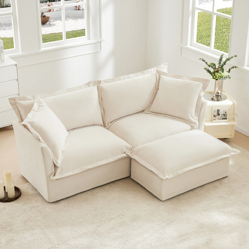 Canapé 2 places contemporain avec repose-pieds, Crème, crème