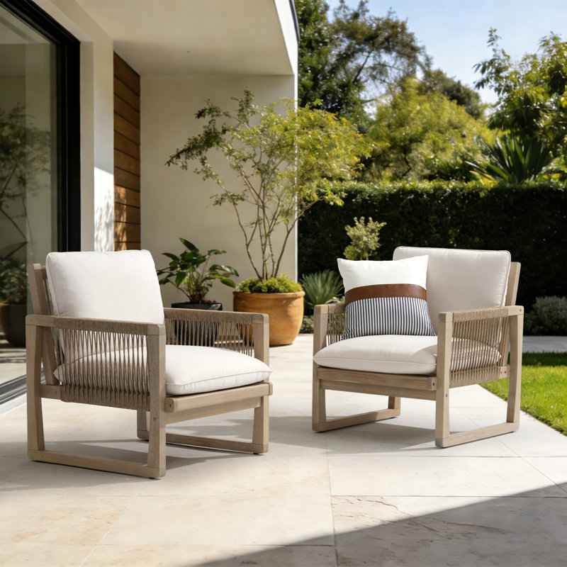 Outdoor 2-piece Acacia Solid Wood Chairs With Cushions