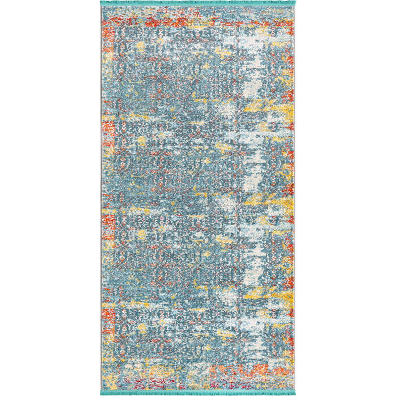Tapis bleu à motif abstrait Folmar, Tapis de couloir 2 pi 7 po x 10 pi