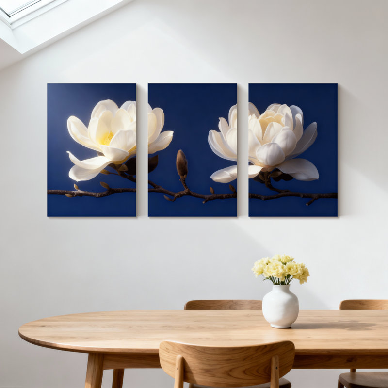 Magnolia blanc sur fond bleu foncé, ensemble de 3 impressions d'art sur toile, H 30 po x l 60 po