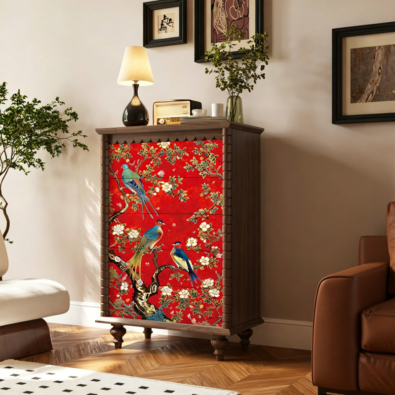 Commode 5 tiroirs en bois massif pour rangement multi-pièces, Noyer