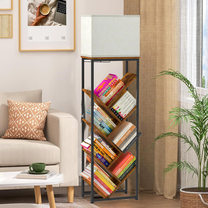 8-Tier Tree Bookshelf With Led Light – Adjustable 3-Mode Lamp For Hardcover Books, Space-Saving Floor Shelf With Foot Pedal Control