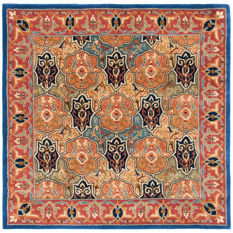 Tapis bleu / rouge / brun en laine touffeté à la main Colyt, Carré 6 pi