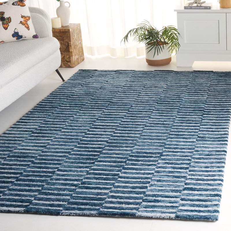 Madelline Ebony Hand Tufted Wool Cotton Striped Rug in Navy/Light Blue, Rectangle 5' x 8'