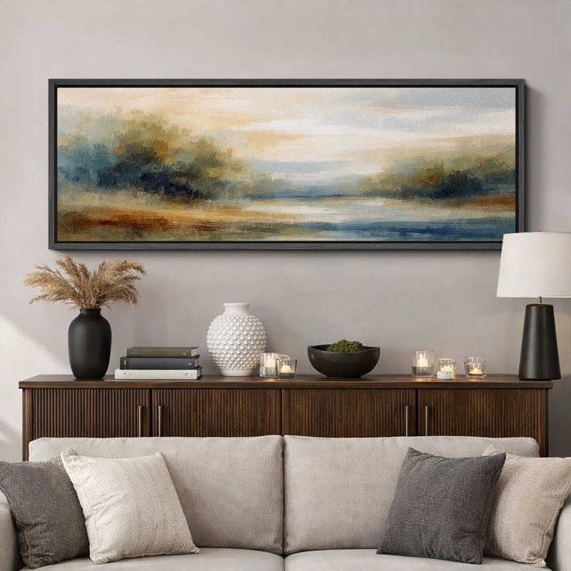 Soft Blue Green Lake Landscape Artwork, Modern Bedroom Pictures, Framed Canvas Giclee Print Wall Art, Black Frame