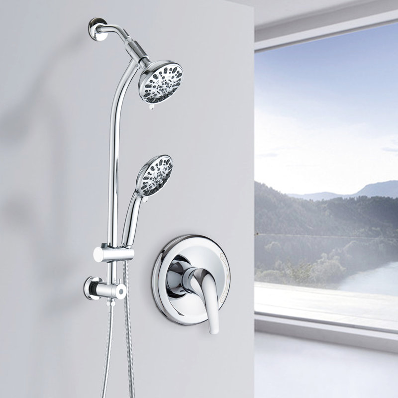 Shower System - 7 Settings, Stainless Steel Slide Bar, 5" Abs Head, 1.8 Gpm, Drill-, Wall Mounted Dual Head Spa Spray Modes, Showerhead, ,